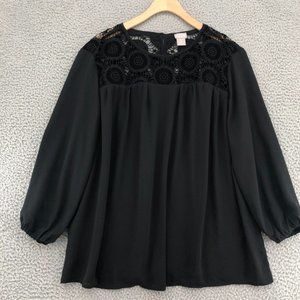 Chicos Blouse Womens 3 Extra Large Black Balloon Sleeves Lace Embroidery Tunic